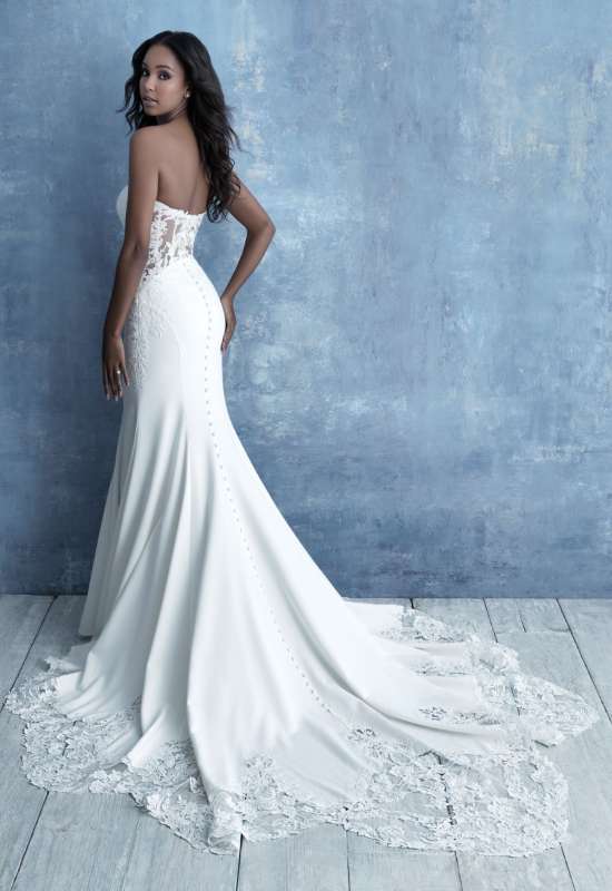 Allure Bridals strapless crepe deep-v neckline lace cutout sheath style wedding dress at Love it at Stella's Bridal in Westminster, MD