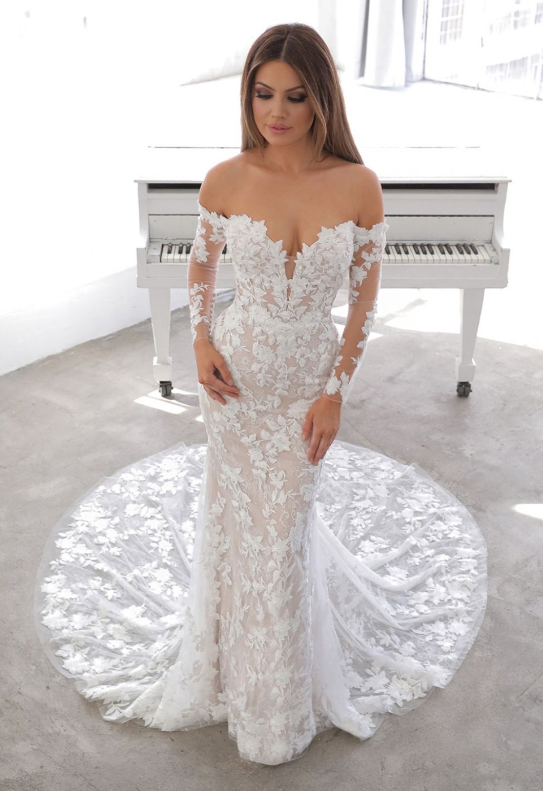 Mermaid Beach Wedding Dresses with Long Sleeve 2022 Full Lace Off Shoulder Hailey  Bieber Summer Holiday