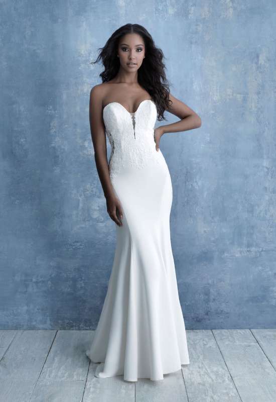 Andres by Allure bridals fitted wedding dress clean look strapless sold at Love it at Stellas Bridal shop in Maryland