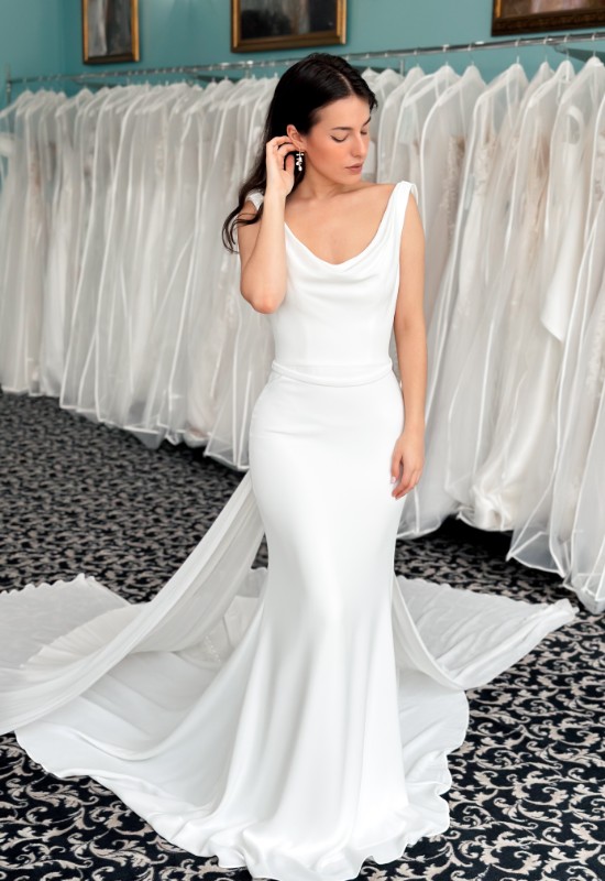 Love it at Stellas Exclusive Collection Crepe Greek wedding dress at Love it at Stellas Bridal shop in westminster MD