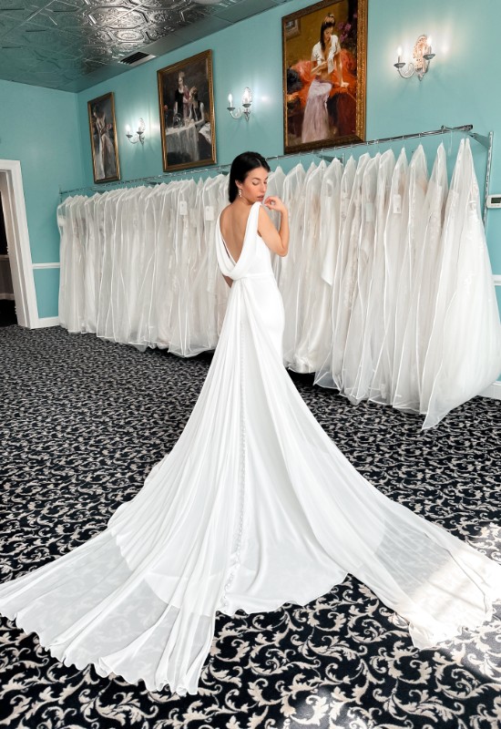Love it at Stellas Exclusive Collection Crepe Greek wedding dress at Love it at Stellas Bridal shop in westminster MD