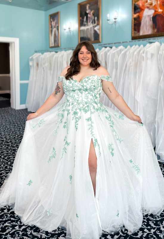 Stellas Exclusive Wedding Dress at Love it at Stella's Bridal shop in westminster MD. Green Wedding Dress. Floral.