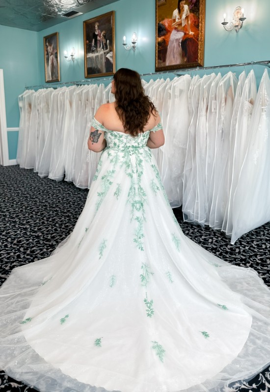 Stellas Exclusive Wedding Dress at Love it at Stella's Bridal shop in westminster MD. green wedding dress