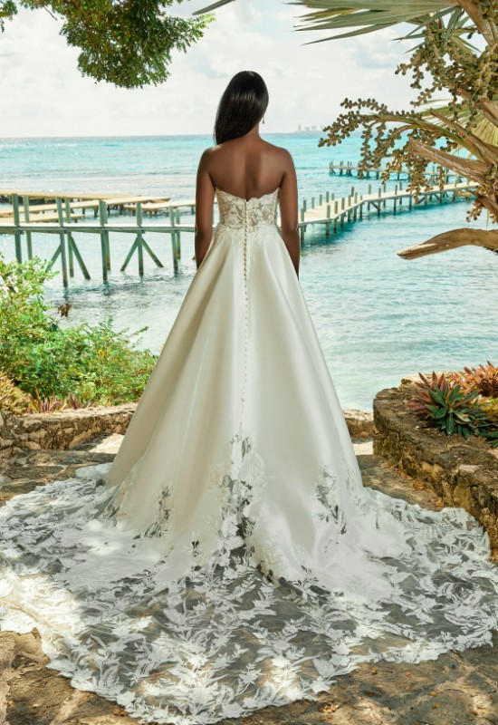 Allure Bridals Madison James MJ950 Ireland Lace and Satin wedding dress at love it at stellas bridal shop in Westminster MD