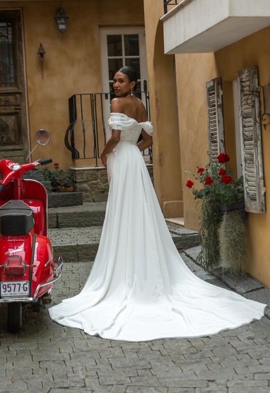 Madi Lane Baciami Peta Burnout Fabric Wedding Dress with detachable trains at Love it at Stella's Bridal Shop in Westminster MD