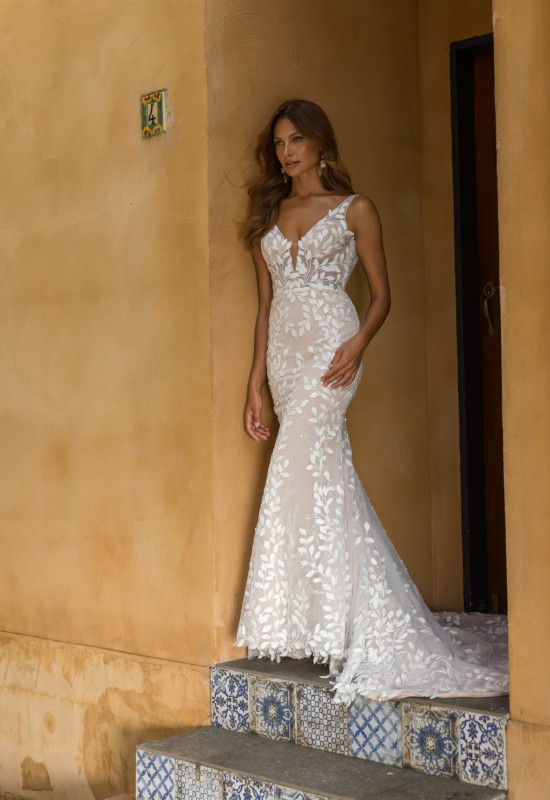 Madi Lane Biacimi Collection Piper Fitted Leafy Lace Wedding Dress at Love it at Stellas Bridal SHop in Westminster MD