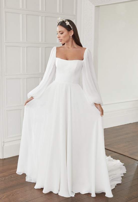 Sincerity Bridals 44360 Long sleeve chiffon wedding dress at love it at stellas bridal in westminster MD