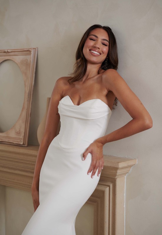 Serene by Madi Lane Levi clean wedding dress at love it at stella's bridal in westminster MD