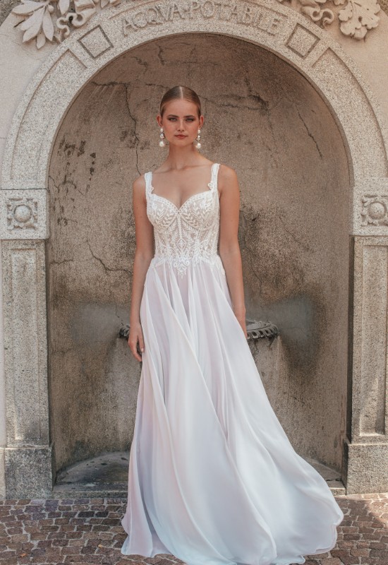 Madison James Allure Bridals MJ1006 Henrie lace chiffon wedding dress at Love it at Stellas Bridal in Westminster MD