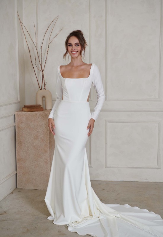 Serene by Madi Lane North fitted clean wedding dress at love it at stella's bridal in westminster MD