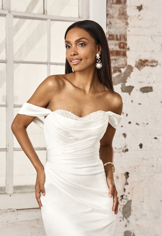 Sincerity Bridals 44388 pearl and satin off the shoulder wedding dress at love it at stellas bridal in westminster MD