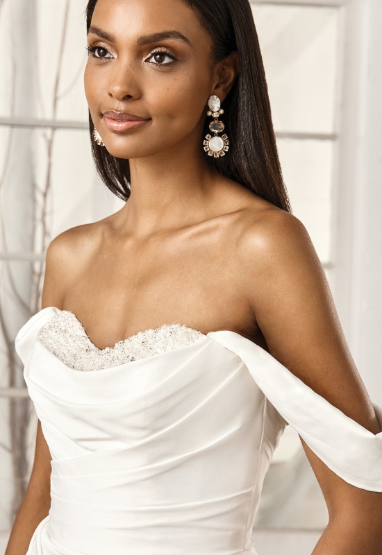 Sincerity Bridals 44388 pearl and satin off the shoulder wedding dress at love it at stellas bridal in westminster MD