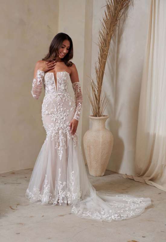 August by Serene by Madi Lane. Fitted florar corset top wedding dress with detachable long sleeves at love it at stellas bridal in westminster MD