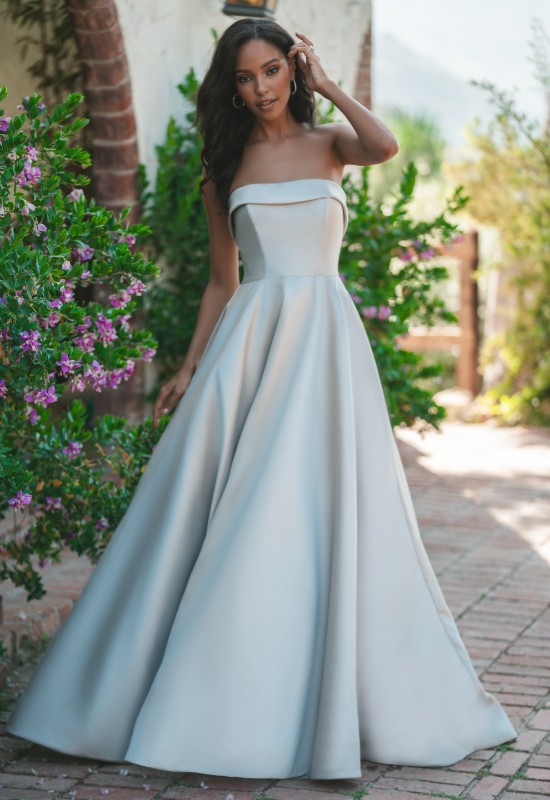 Allure Bridals R3715 fold over neckline satin wedding dress at love it at stellas bridal shop in westminster MD