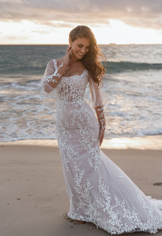 Madi Lane Bridals SHYA Leafy Lace Fitted Long Sleeve Wedding Dress at Love it at Stellas Bridal in Westminster MD