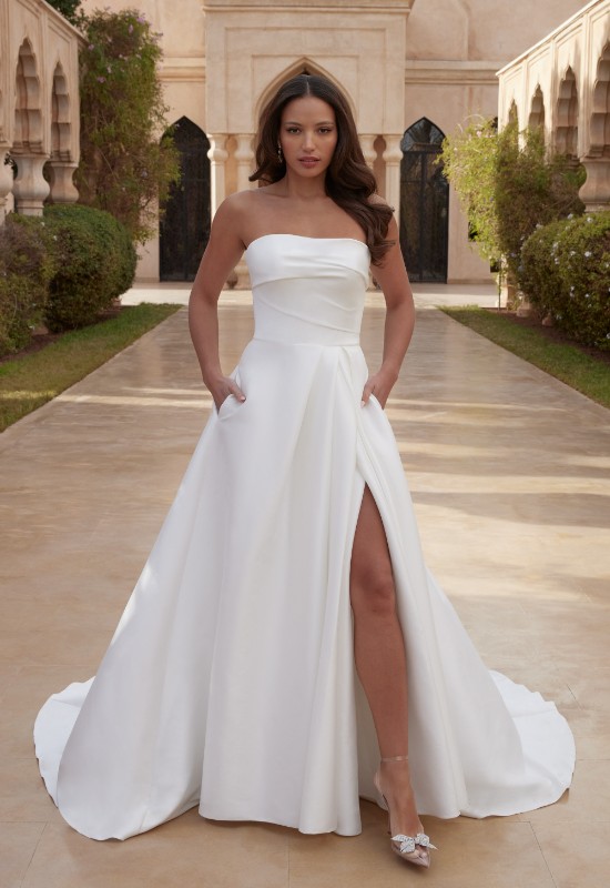 Sincerity Bridal Style 44416 A-line Mikado Wedding dress with ruched top and fitted detachable sleeves at love it at stellas bridal shop in Westminster MD
