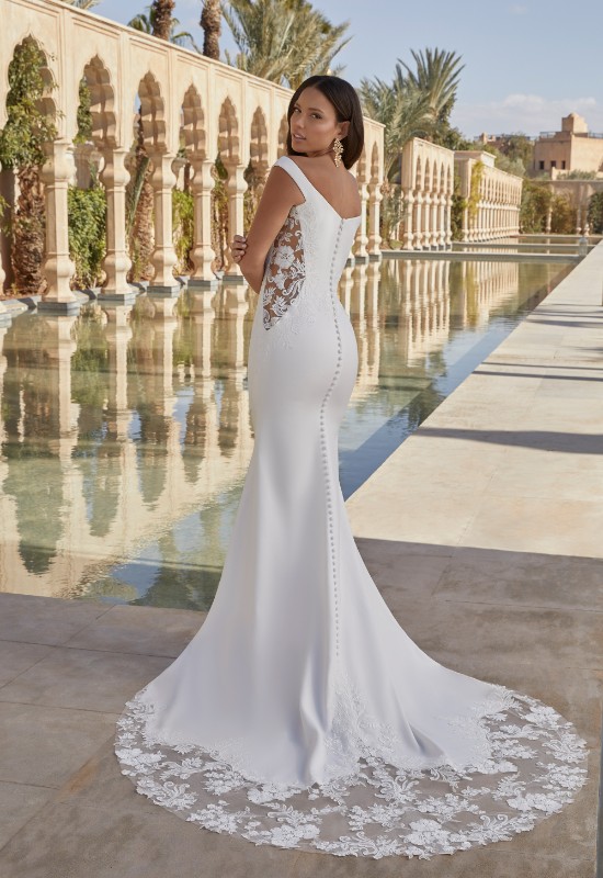 Sincerity Bridal by Justin Alexander style 44423 Fitted Crepe wedding dress with side cutouts, lace details, and bateau neckline at love it at stellas bridal in westminster MD