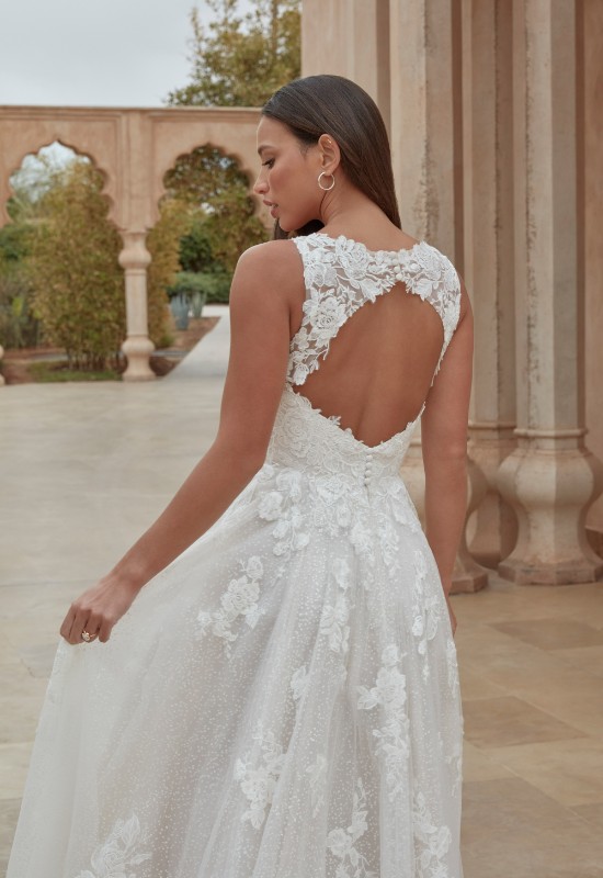 Sincerity Bridal by Justin Alexander style 44431 Traditional wedding dress with keyhole back, floral lace, and detachable long sleeves at love it at stellas bridal in westminster MD