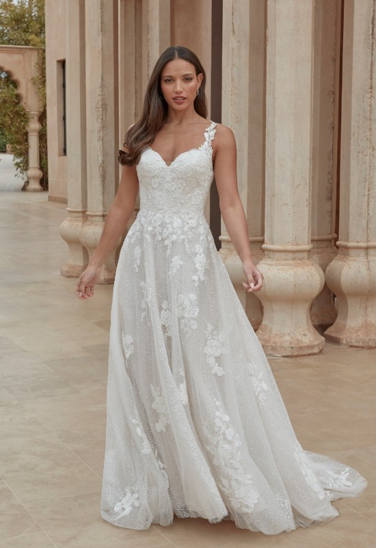 Sincerity Bridal by Justin Alexander style 44431 Traditional wedding dress with keyhole back, floral lace, and detachable long sleeves at love it at stellas bridal in westminster MD
