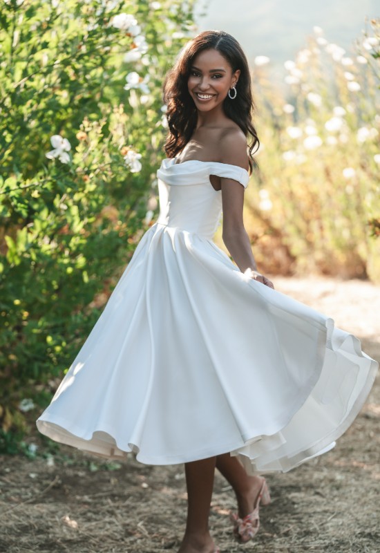 Allure Bridals Little White Dress Collection R3705TL Satin Mini Reception Dress Bridal Shower Dress at Love it at Stellas Bridal Shop in Westminster MD