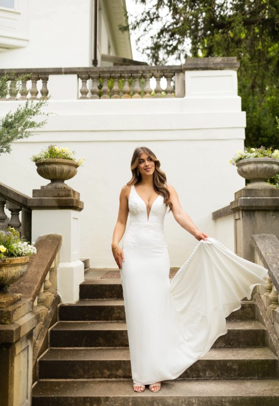 Stella York style 7774 beaded crepe fitted column wedding dress at love it at stellas bridal shop in westminster MD