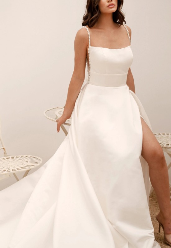 Stella York Bridal 7830 Satin A-line square neck wedding dress with pearl straps at Love it at stellas bridal in westminster MD
