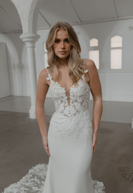 Madi Lane ML24088 Samson crepe fitted wedding dress with lace details at love it at stellas bridal shop in westminster MD