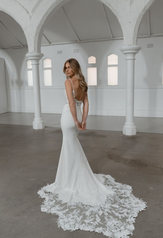 Madi Lane ML24088 Samson crepe fitted wedding dress with lace details at love it at stellas bridal shop in westminster MD