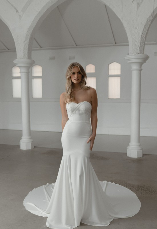 Madi Lane ML24019 Smith crepe fitted wedding dress with cutout details at love it at stellas bridal shop in westminster MD