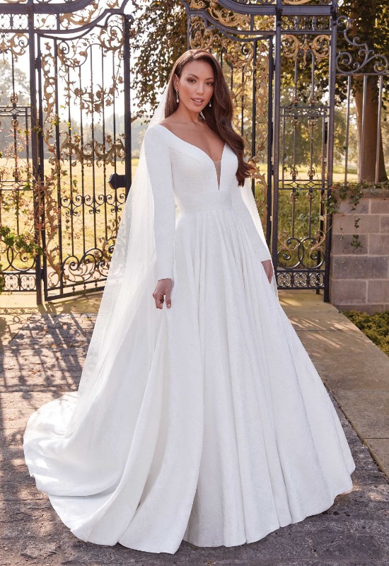 Sincerity Bridal 44326 Long sleeve modest ballgown in brocade satin at love it at stellas bridal shop in westminster MD