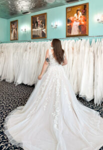 Plus Size V-neck 3-D Flower A-line Wedding Dress at Love it at Stella's Bridal Boutique in Westminster Maryland