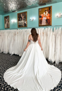 Nesta - Stella's Bridal Strapless Crepe and Lace Summery Wedding Dress with Corset Back at Love it at Stella's Bridal Boutique in Westminster Maryland