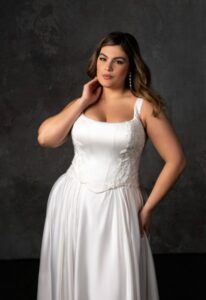 Lainey - Stella's Bridal Essense of Australia D4290 Faux Two-piece Beaded satin Kim Kassas dupe Wedding Dress at Love it at Stella's Bridal Boutique in Westminster, Maryland