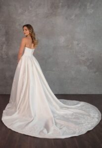 Neriah - Stella's Bridal Essense of Australia D4265 Sleek Modern Cat-eye Neckline Lace and Satin Wedding Dress at Love it at Stella's Bridal Boutique in Westminster, Maryland