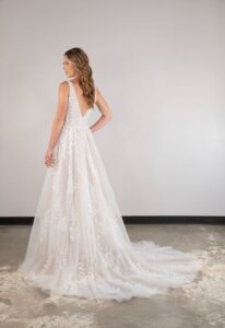 Nomi - Stella's Bridal Essense of Australia Style D4007 V-neck a-line wedding dress with leafy detail at love it at stellas bridal boutique in westminster maryland