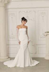 Serene by Madi Lane Brody Crepe Wedding dress with lace topper at love it at stella's bridal in Westminster Maryland