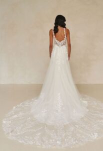 Wray - Stella's Bridal Madi Lane Wray Fitted Crepe Wedding Dress with Detachable Lace Train at love it at stella's bridal boutique in Westminster Maryland