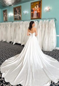 Cleo - Stella's Bridal Love it at Stella's Private Collection drop waist satin Wedding Dress at Love it at Stella's Bridal Boutique in Westminster, MD