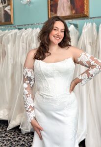 Evermore - Stella's Bridal Love it at Stella's Private Collection fitted satin and lace Wedding Dress at Love it at Stella's Bridal Boutique in Westminster, MD
