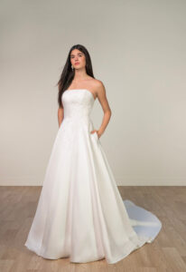 Stella York SY8217 strapless satin and lace a-line wedding dress at Love it at Stella's Bridal in Westminster, Maryland