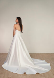 Celia - Stella's Bridal Stella York SY8217 strapless satin and lace a-line wedding dress at Love it at Stella's Bridal in Westminster, Maryland