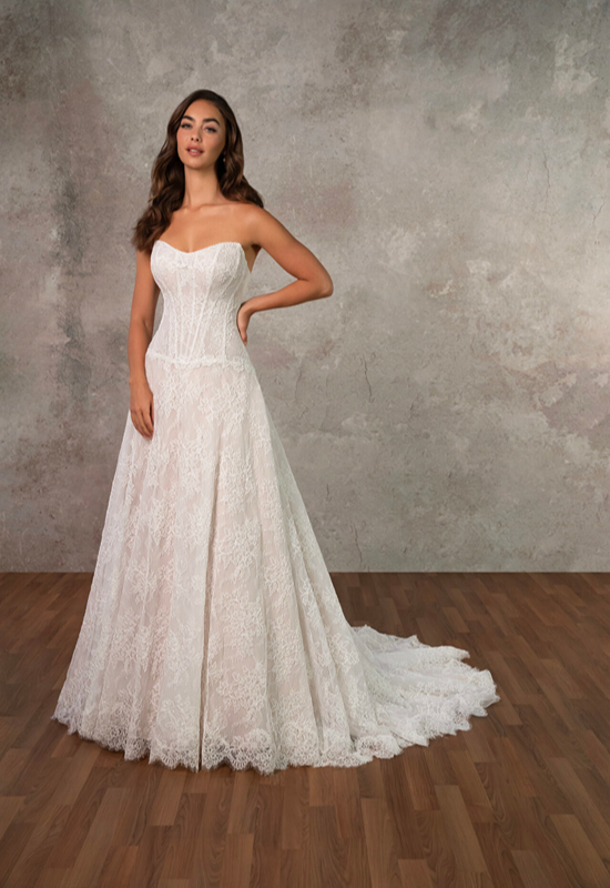 Essense of Australia D4462 drop waist lace strapless a-line wedding dress at Love it at Stella's Bridal Shop in Westminster, Maryland