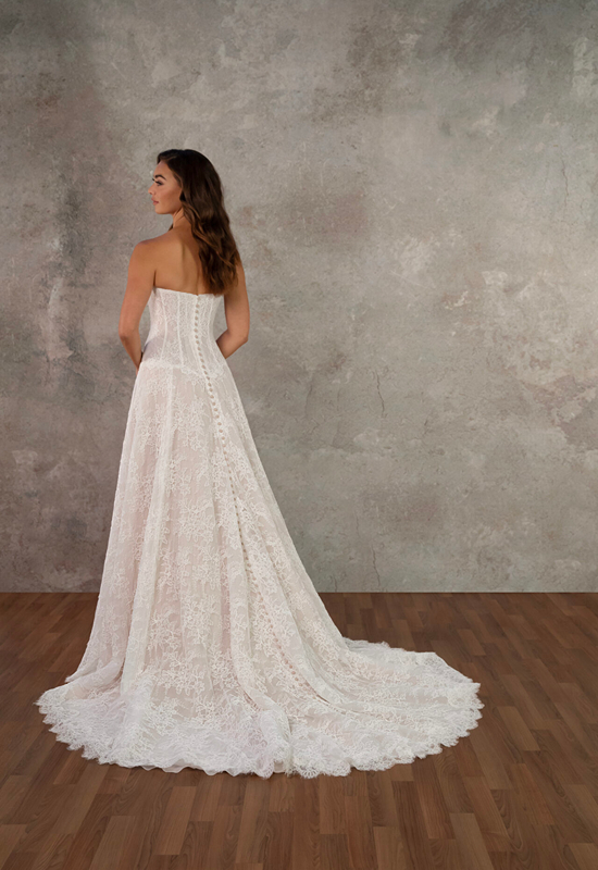 Essense of Australia D4462 drop waist lace strapless a-line wedding dress at Love it at Stella's Bridal Shop in Westminster, Maryland