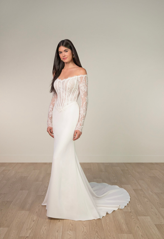 Delia Stella York SY8256 off-the-shoulder long sleeve lace and crepe fitted wedding dress at Love it at Stella's Bridal in Westminster, Maryland