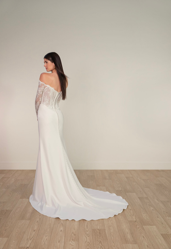 Delia Stella York SY8256 off-the-shoulder long sleeve lace and crepe fitted wedding dress at Love it at Stella's Bridal in Westminster, Maryland