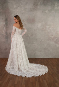 Gardenia - Stella's Bridal Essense of Australia D4466 long sleeve off-the-shoulder lace wedding dress at Love it at Stella's Bridal Shop in Westminster, Maryland