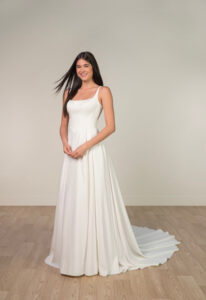 Stella York SY8180 basque waist crepe flowy wedding dress at Love it at Stella's Bridal in Westminster, Maryland