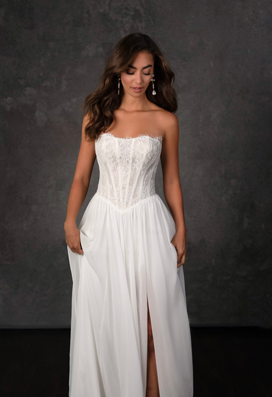 Essense of Australia D4483 two piece satin and chiffon wedding dress at Love it at Stella's Bridal Shop in Westminster, Maryland