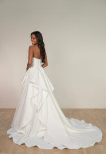 Tillie - Stella's Bridal Stella York SY8212 clean satin strapless ruffle wedding dress at Love it at Stella's Bridal in Westminster, Maryland