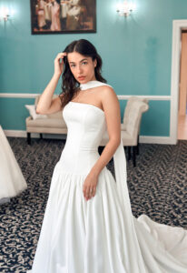 Jolene - Stella's Bridal drop waist satin Wedding dress at Love it at Stella's Bridal in Westminster Maryland